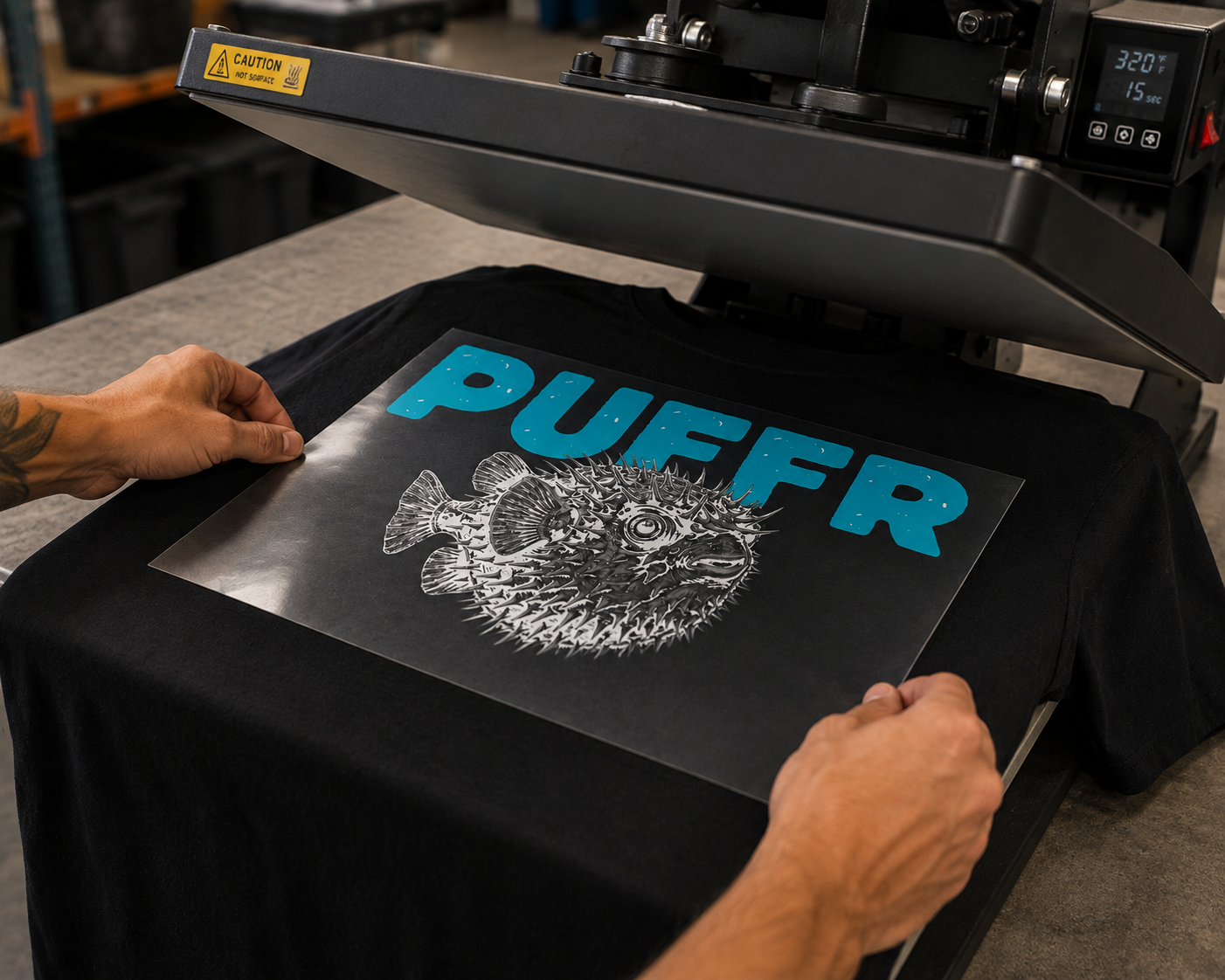 Heat press applying a Puffr transfer to a black t-shirt