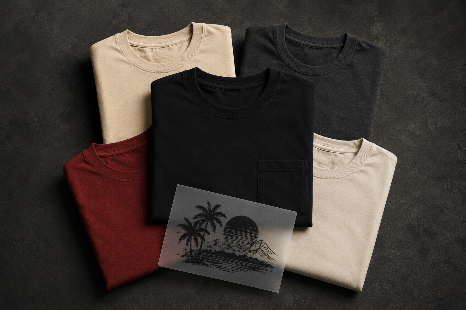 Folded custom t-shirts in sand, black, charcoal and burgundy with a DTF transfer sheet